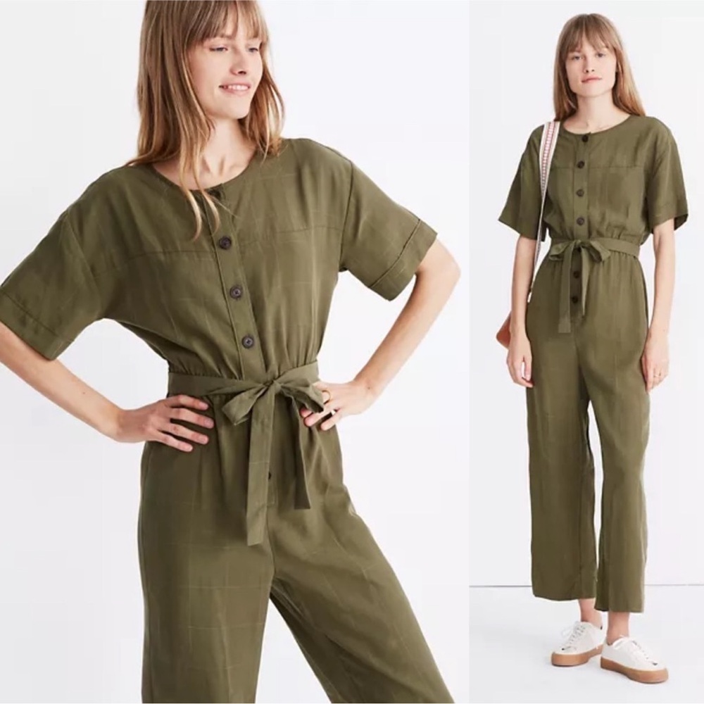 Madewell Green Windowpane Belted Elevated Casual Jumpsuit Size Large